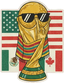 surprise:all:A vibrant sticker for the 2026 World Cup featuring a polished soccer ball layered over the flags of the USA, Canada, and Mexico. The design captures a festive atmosphere with the iconic gold trophy, colorful confetti, and bold typography, all framed by modern geometric patterns in red, white, and green. @AU